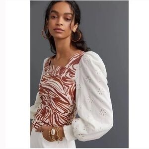 NWT Love the Label Smocked Puff Sleeve Blouse Brown Zebra Print